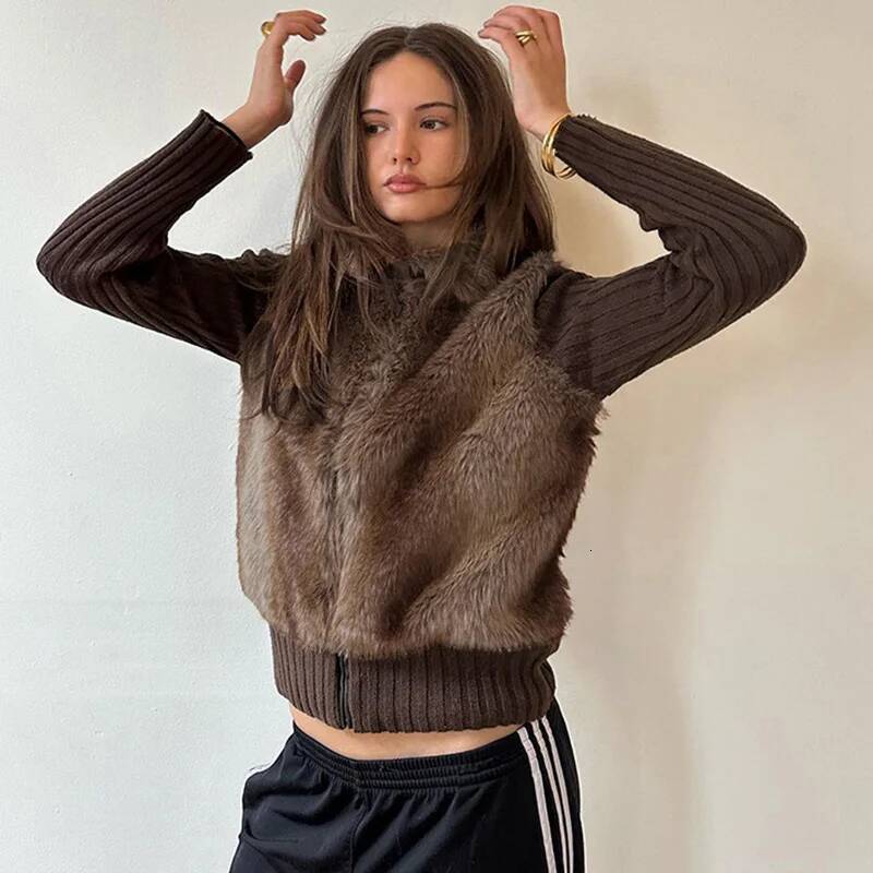 winter jacket women Ticketsx Fashion Plush knit Patchwork New Autumn Winter Lapel Zipper Slim Coat Women Vintage Streetwear Warm Jacket