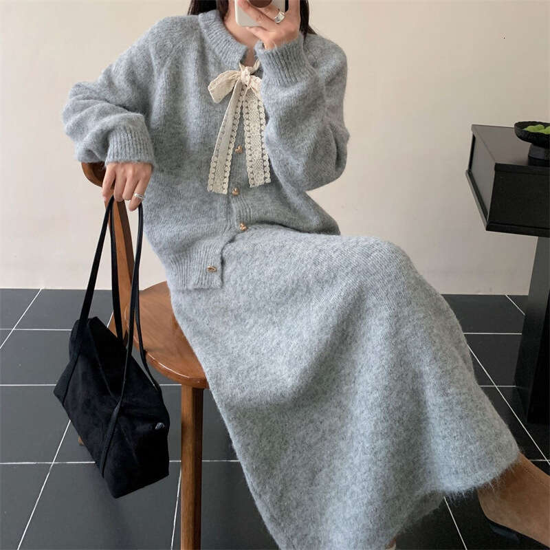 Gentle Temperament for Women, Autumn and Winter 2025 New Lace-Up Sweater A-Line Knitted Skirt Solid Color Two-Piece Set