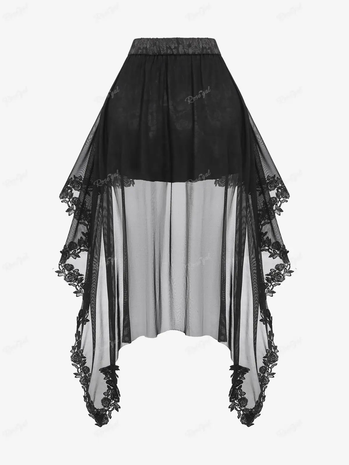 Rose Gothic Womens Ski Black Punk Flower Decal Mesh Lace Covered Jacquard Layered Ruffle Asymmetric Skiing Clothing 250324