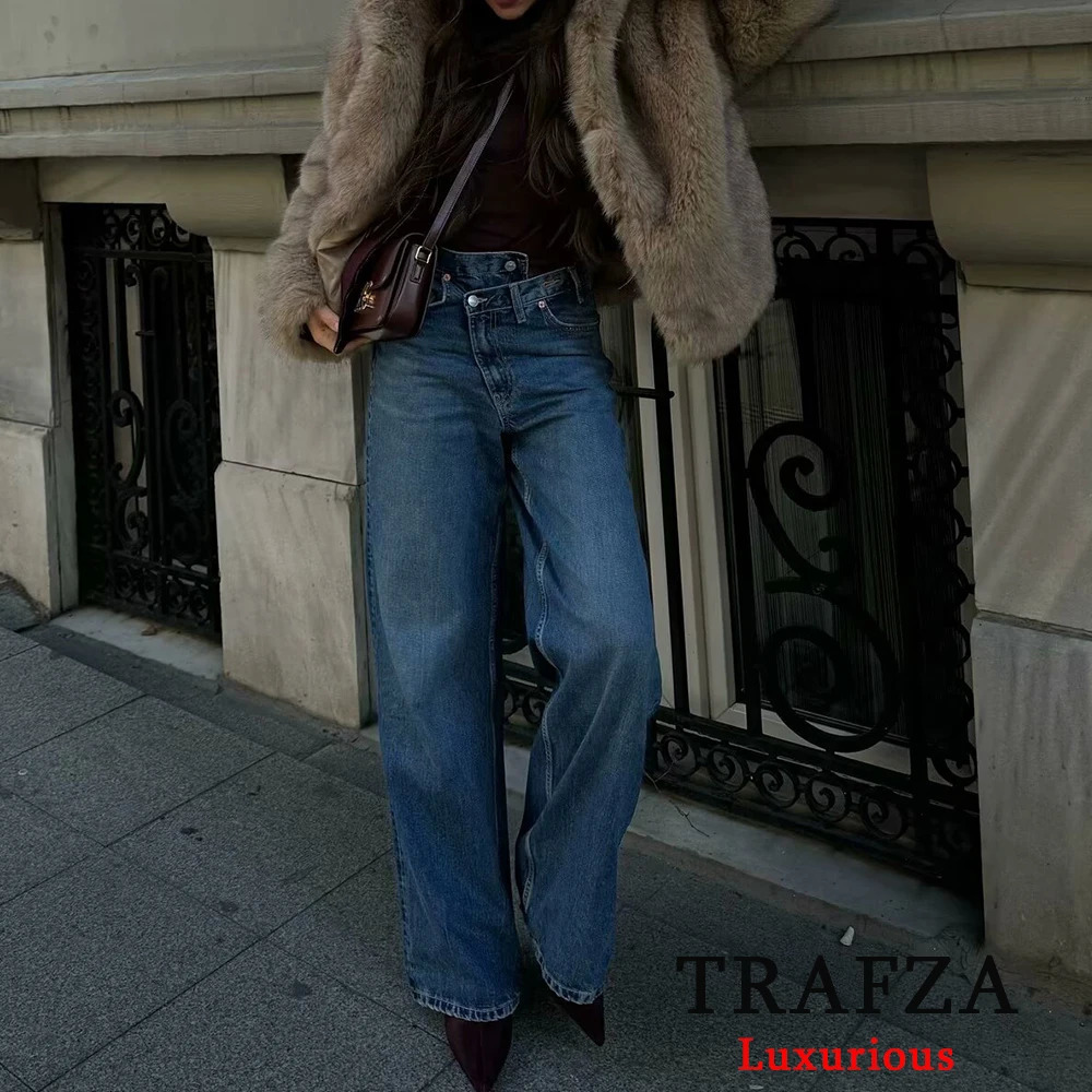 TRAFZA Streetwear High Waist Trouser Womens Light Grey Button Wide Leg Fashion Young Tight Pants 250403