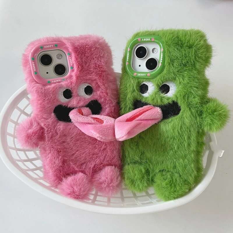 INS Couple Fur Monster Kiss Tongue Case For iPhone 16 15 14 13 12 11 Pro Max Korea Cute Cartoon Gift Anti-Drop Soft Back Cover