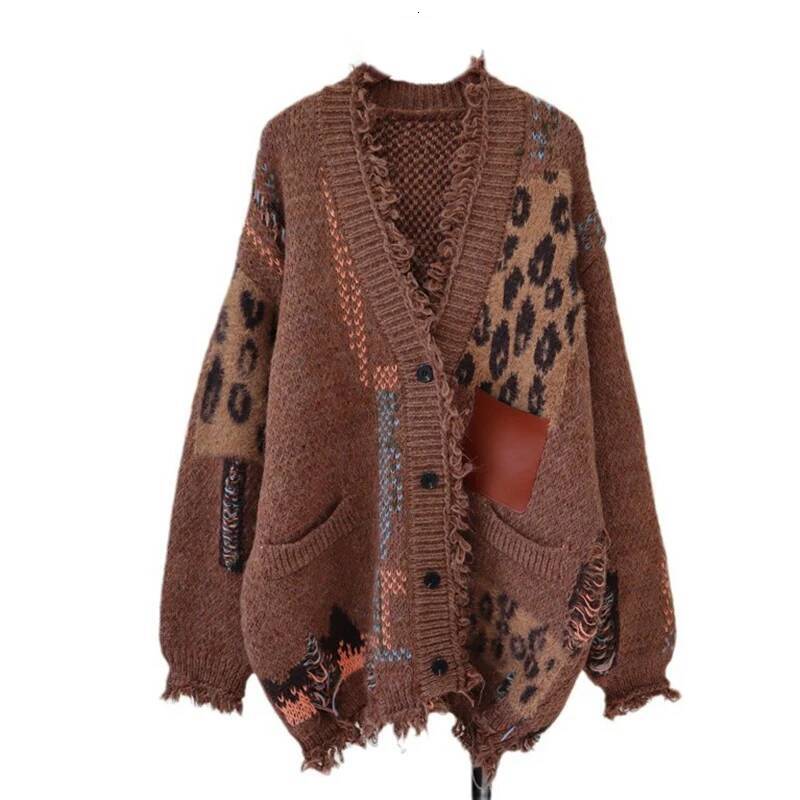 winter jacket women WTHT Trendy Women's Spliced Vintage Leopard Loose Knitted Cardigan Winter Fashion V-neck Long Sweater Female 1LS593