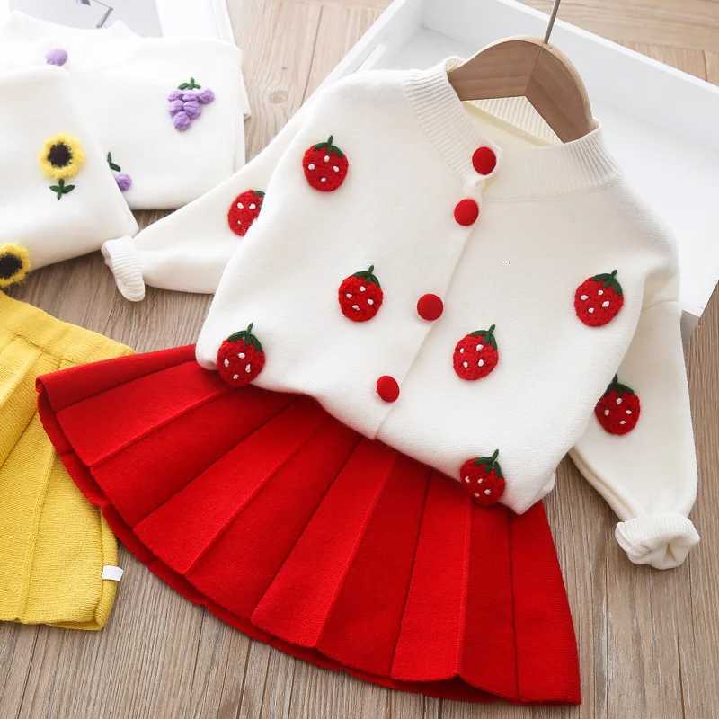 Girls long sleeve knitting suit 2025 Christmas autumn winter new girls sweater cardigan knitting Top skirt two piece set Y251105