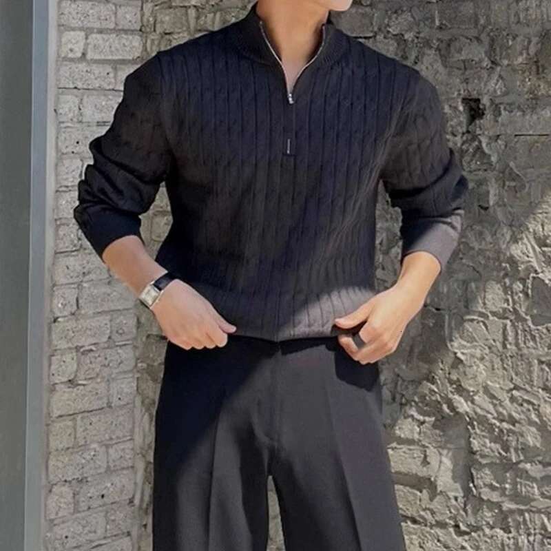Autumn Clothing Men's Knitted Jacquard Zipper Pullover Sweater Premium Vintage Solid Color Stand Collar Long Sleeve M-3Xl
