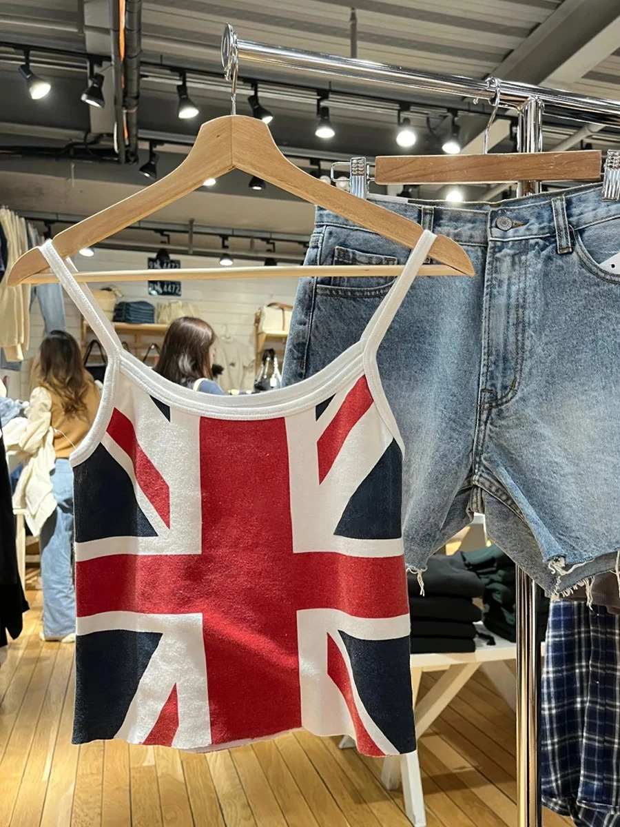 Flag print slim top womens summer sleeves soft cotton casual cut vest retro streetwear Y2k vest 250402