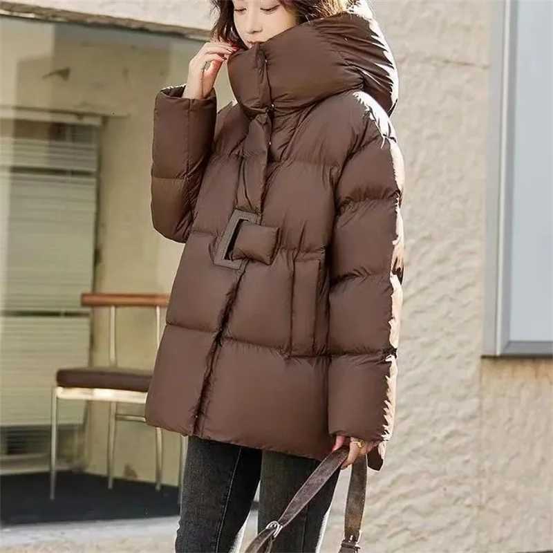 Women Down Jacket Hooded Loose Puffer Casual Warm Autumn Winter Outwear White Duck Down Cotton Stand Collar Coat 2025T251105