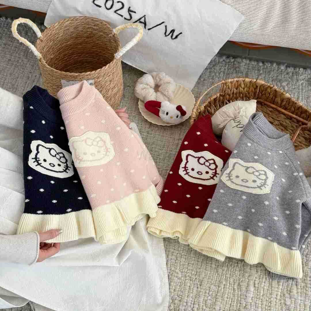 Sanrio Girls Sweater Autumn Winter 2025 New Fashionable Baby KT Cat Tassel Childrens Autumn Knitted Sweater Inner Wear Yarn H251105