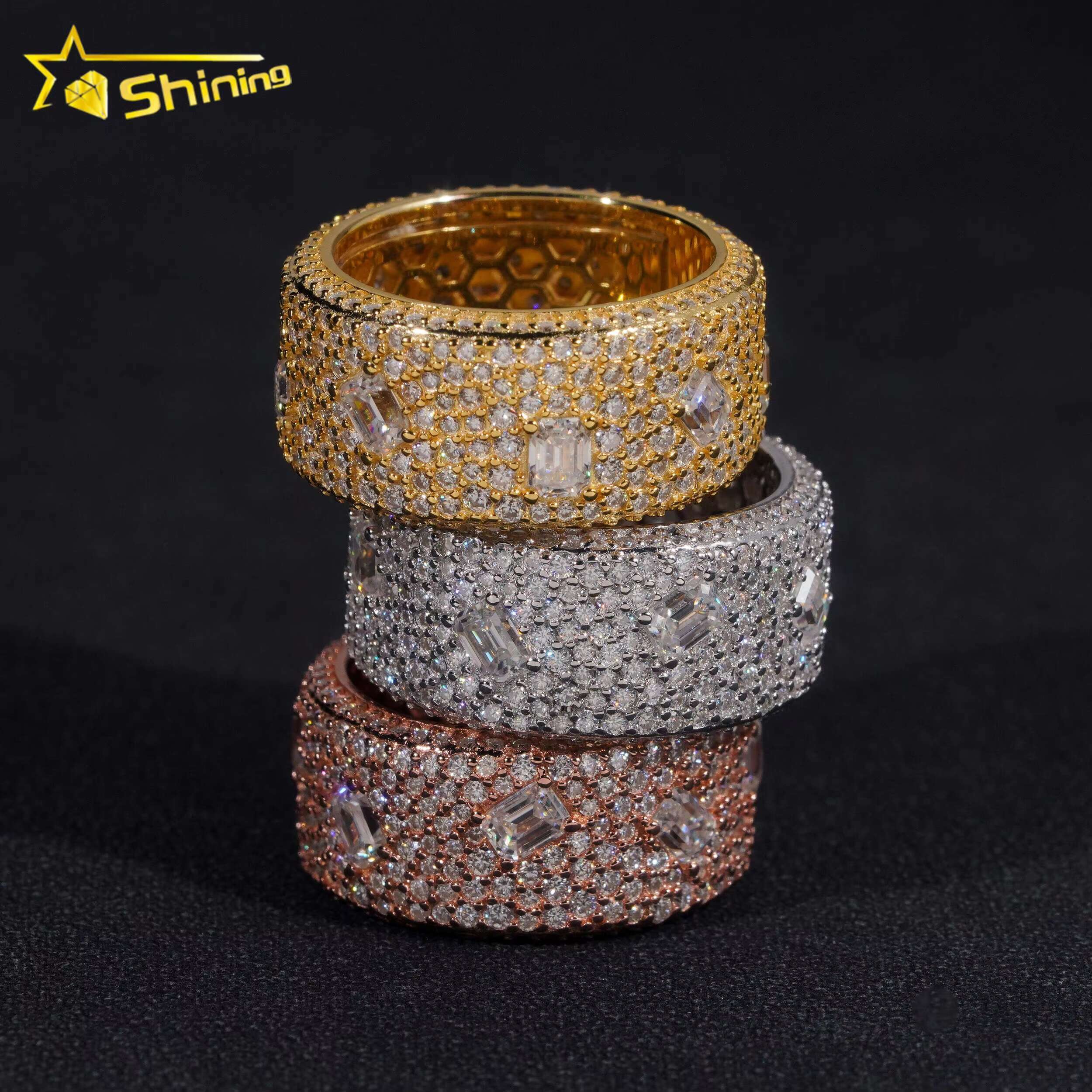 GRA Certificate 925 Sterling Silver Gold Plated Hip Hop Jewelry Baguette Fully Iced Band Rings VVS Moissanite Hip Hop Ring