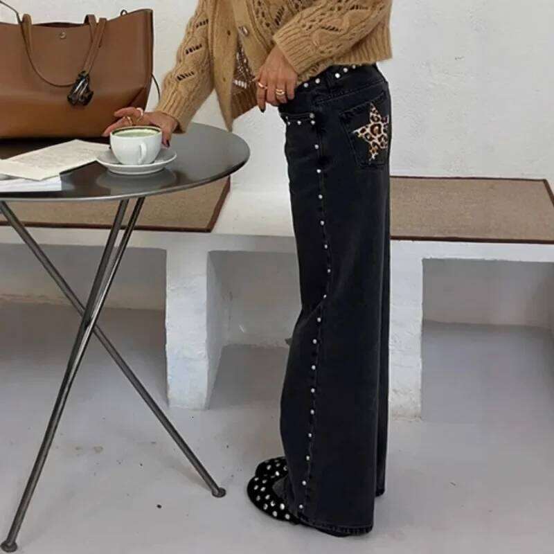 Y2k Vintage Patchwork Leopard Star Pattern Metal Rivet Jeans Female Baggy Casual Straight Leg Pants Women Clothing