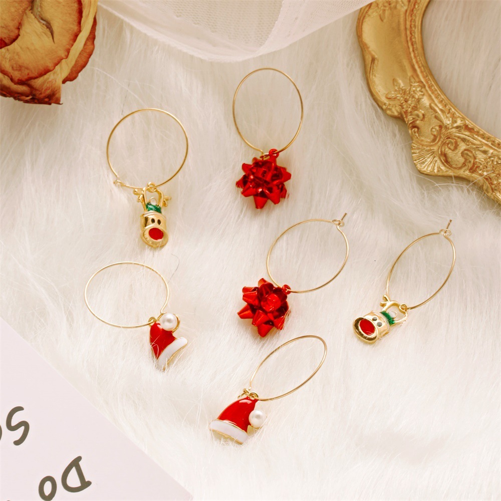 Three-piece Colorful Flower Christmas Hat Elk Earrings Women's Set Ear Accessories