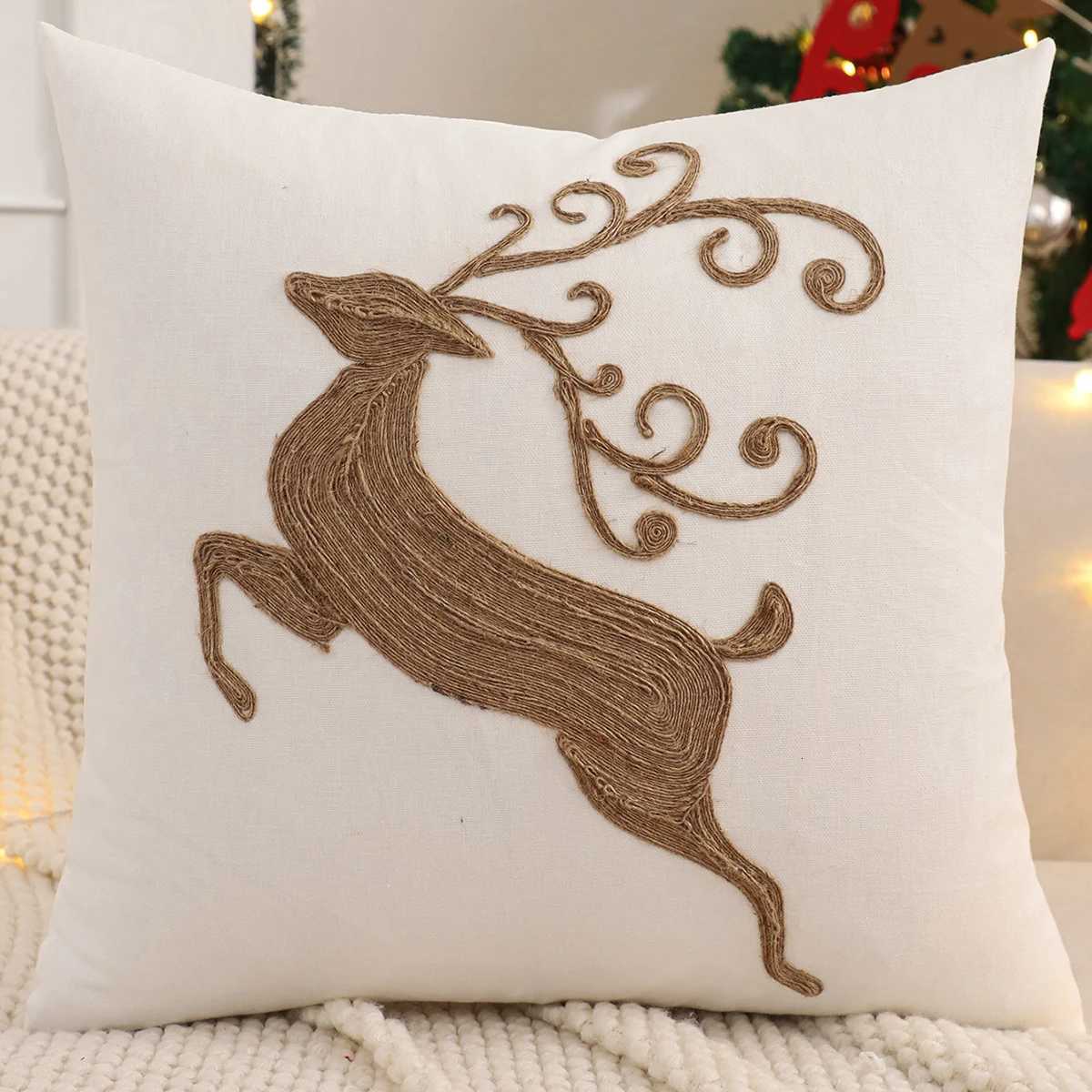 Embroidery Throw Pillow Cover Christmas Decoration Canvas Christmas Tree Reindeer Snowflake Winter Farmhouse Home Sofa Y251105