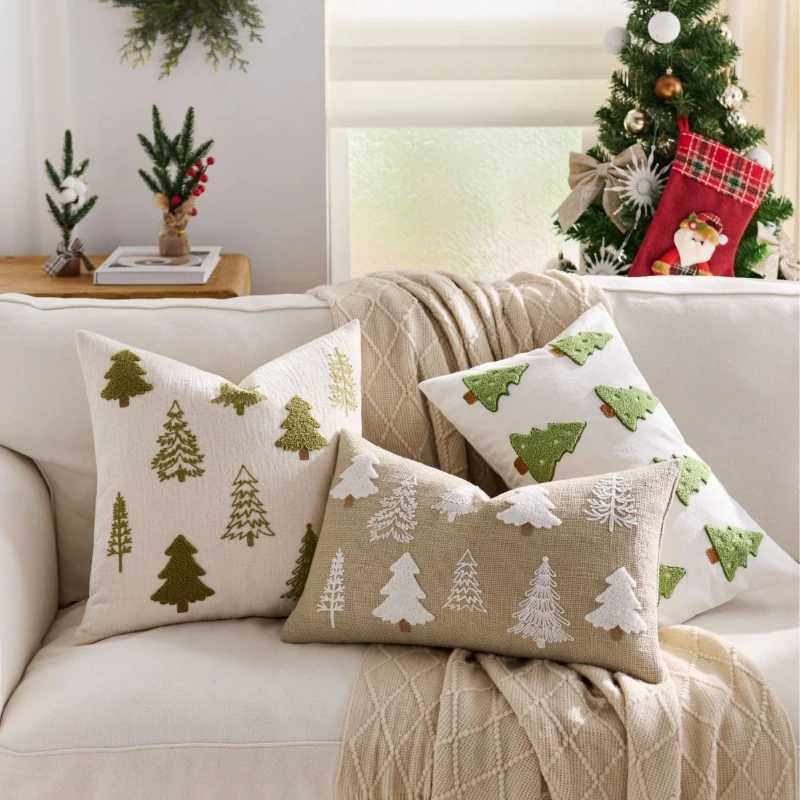 2025 Christmas Patchwork Cushion Cover Christmas Tree Elk Embroidered Pillowcase Festive Luxury Chenille Pillow Cover Home Decor Y251105