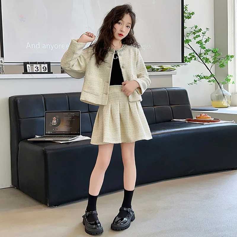 2025 Girls Outfits Set Chic Tweed Jacket Skirt Two Pieces Teen Children Costumes Stylish Spring Autumn Kids Clothes10 12 Years Y251105