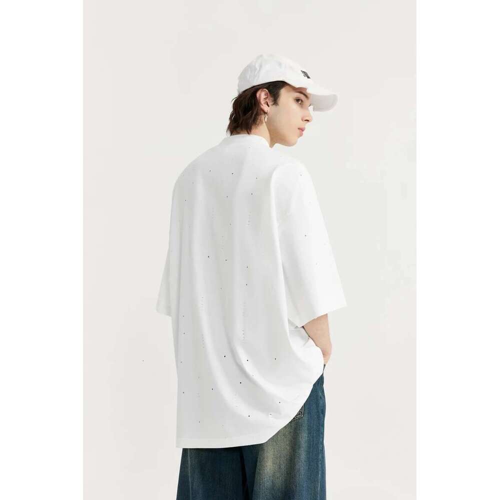 Streetwear Ripped Tees Men Heavyweight Mock Neck Oversized Cotton Tshirts