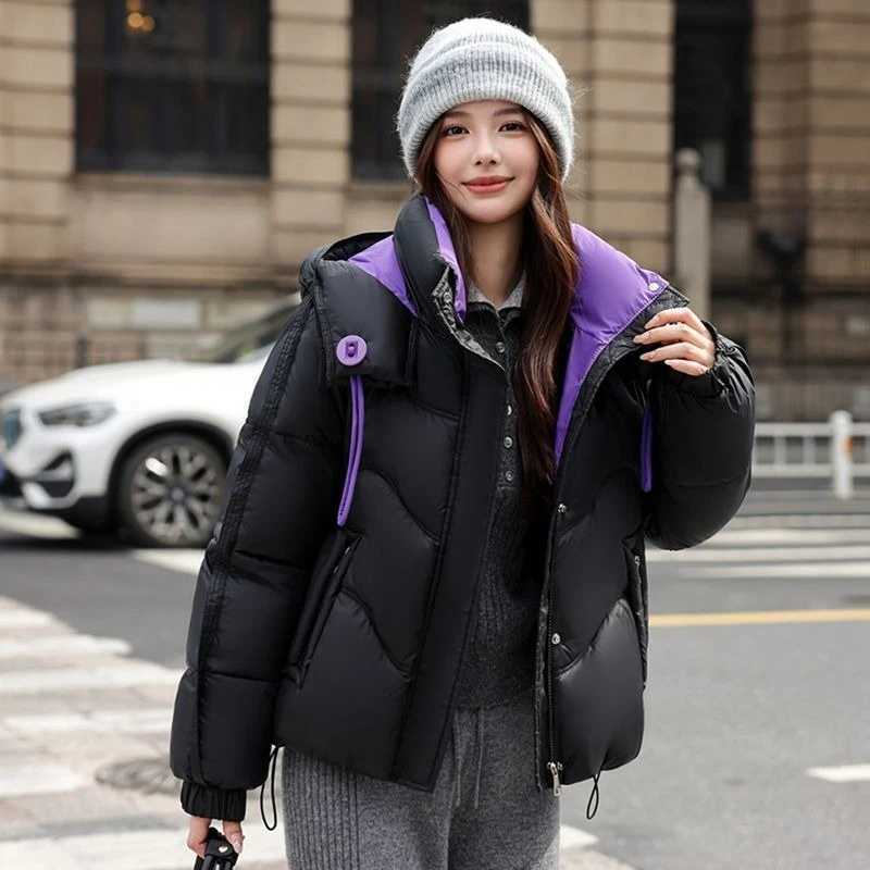 2025 Womens Winter Fashion Puffer Jacket Short Style Contrast Color Thick Warm Cotton Coat Anti Cold OuterwearT251105