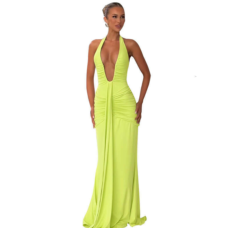 C25DS035 Foreign Trade Cross-Border Fashion Elegant Halter V-Neck Backless Tie Ruched Long Women's Dress