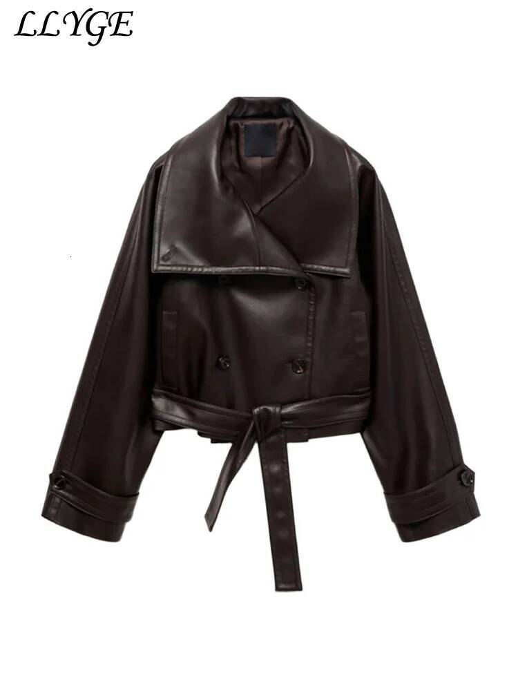 winter jacket women Street Women's Cropped Leather Jackets With Belt Lapel Double Breasted Pockets Long Sleeve Coat Autumn Lady Vintage Outwear