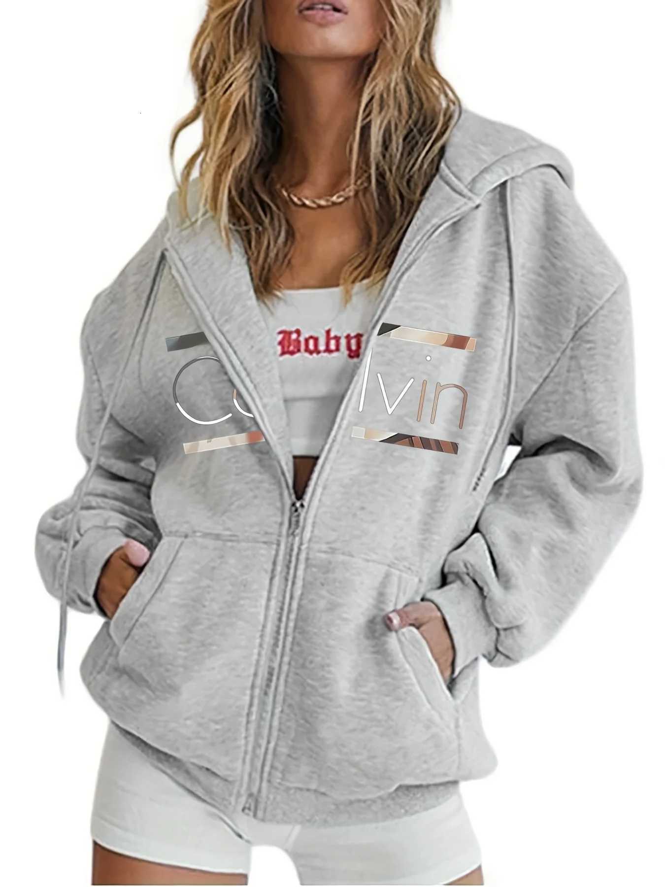 Womens Hoodie - Cozy Brown Zip-Up with White Print Casual Long Sleeve Sweatshirt Drop Shoulder Design Relaxed Fit Winter WT251105