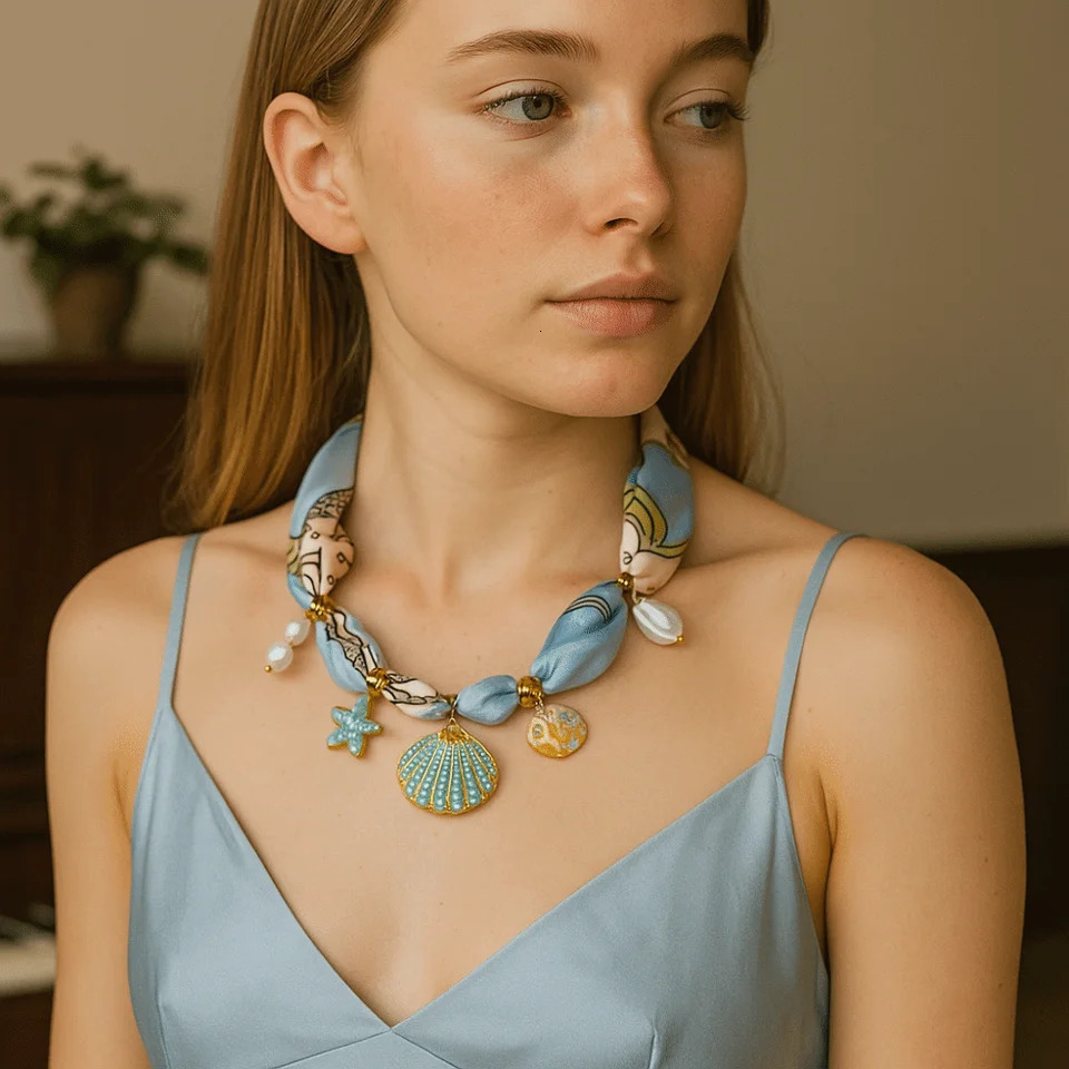 Starfish Beach Ocean Series Necklace Flower Pearl Cloth Wrap Scarf Chain Necklace Shell Jewelry Accessories Dopamine Necklace 251031