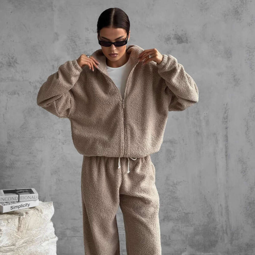 Cross-Border For Women, European American Style, Autumn And Winter New Sports Casual Fleece Cardigan Sweatshirt Set B5