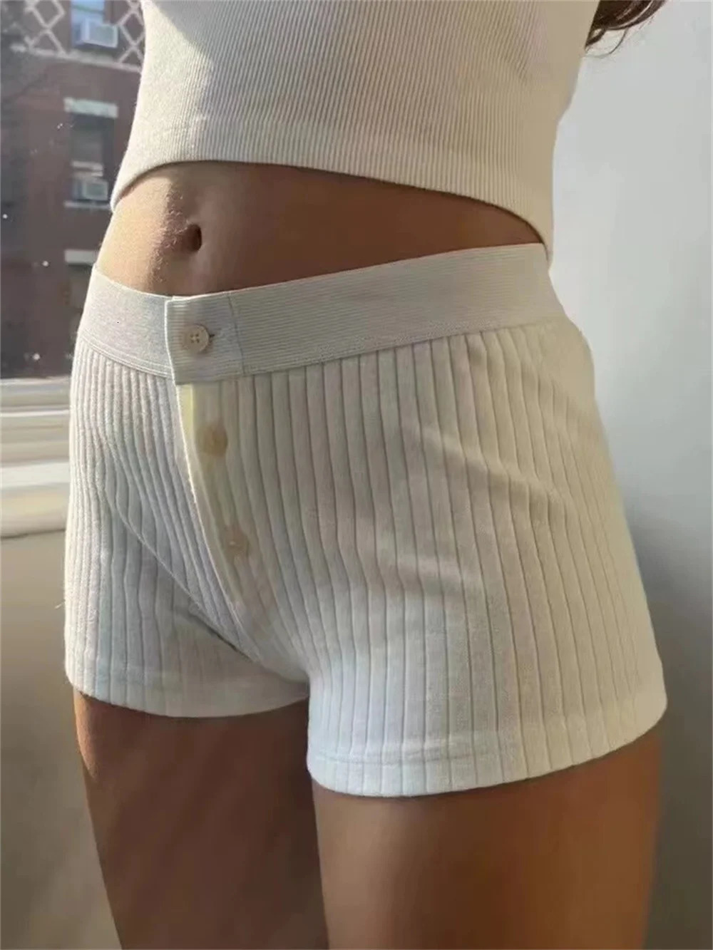 PUWD Womens Solid Shorts 2024 Three Button Casual Thread Ultra Thin White Knitted Fashion Clothing 250401