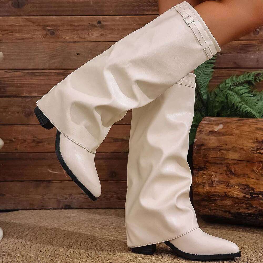 Fashion Fold Over Knee for Women Slip On Chunky High Heel Shark Boots Woman Wide Leg PU Leather Long Botas Mujer 2025