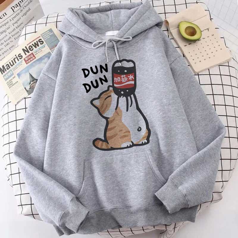 Cat Drinking Beverages Print Sweatshirts Clothes Women Casual 90s Kangaroo Pocket Hoodies Unisex Fashion Funny Hooded PulloversT251105