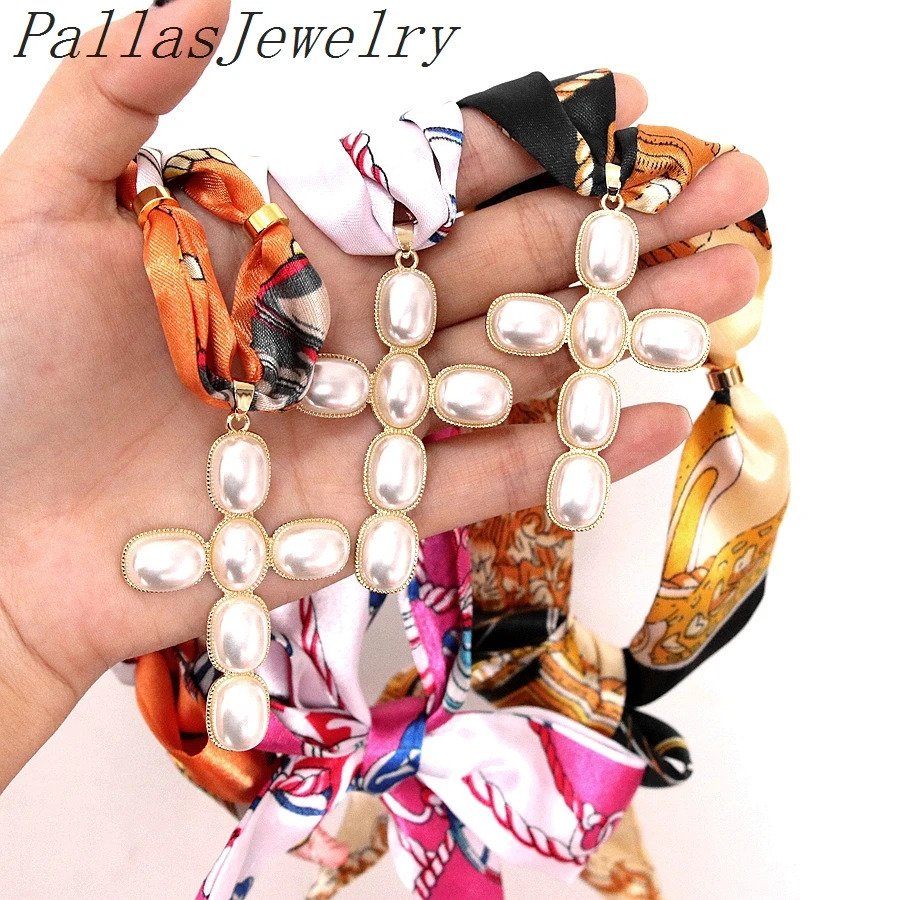 5Pcs Exquisite Silk Scarf Necklace With 18k Goldplated Pearl Cross Pendant Women Jewelry Holiday Party Festival Gift 251031