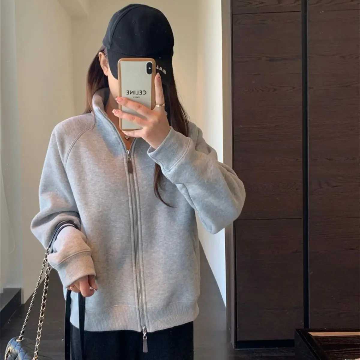 Women Autumn Winter Sweatshirt Coat Zip Up Solid Long Sleeve Stand Neck Jacket Lady Fashion Casual Street Vintage Coats OutwearT251105