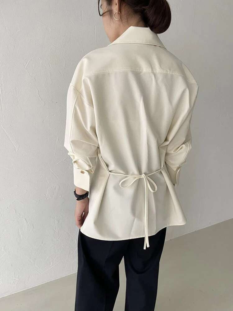 Women White Zipper Pocket Back Bandage Blouse New Lapel Long Sleeve Loose Fit Shirt Fashion Spring Autumn 2025 1Df1491