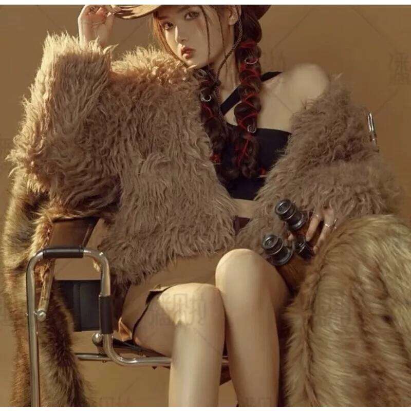 Fluffy Colorful Streetwear Faux Fur Jacket Big Size Women Clothing Sheepskin Long Sleeve Chic Short Coat