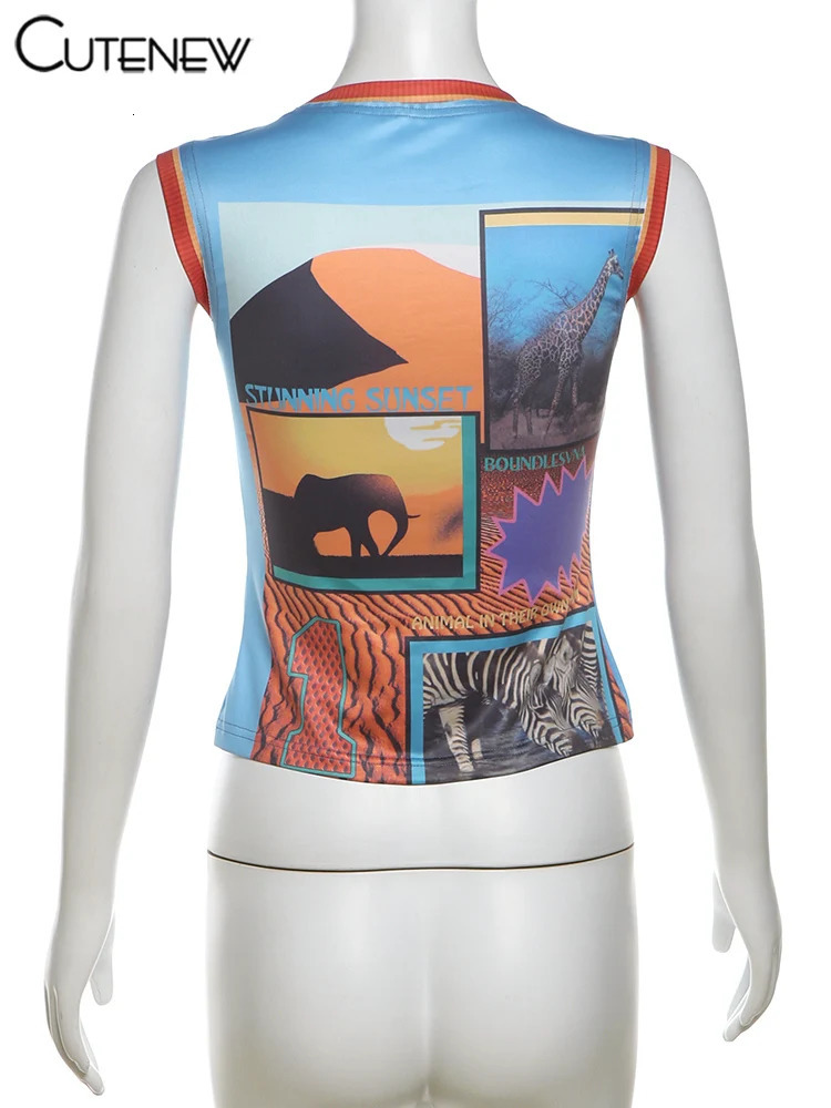 Cute Hipster printed womens vest womens summer panel O-neck tight crop tank womens classic fully matched Y2K street top 250402