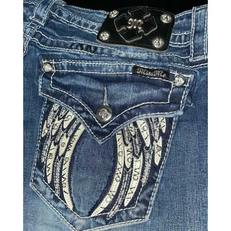 Retro Miss Me Boot Cut Jeans Female Y2K New Blue Jeans Embroidered Wing Pocket Hip Hop Harajuku Gothic Wide Pants Street Wear Z251104