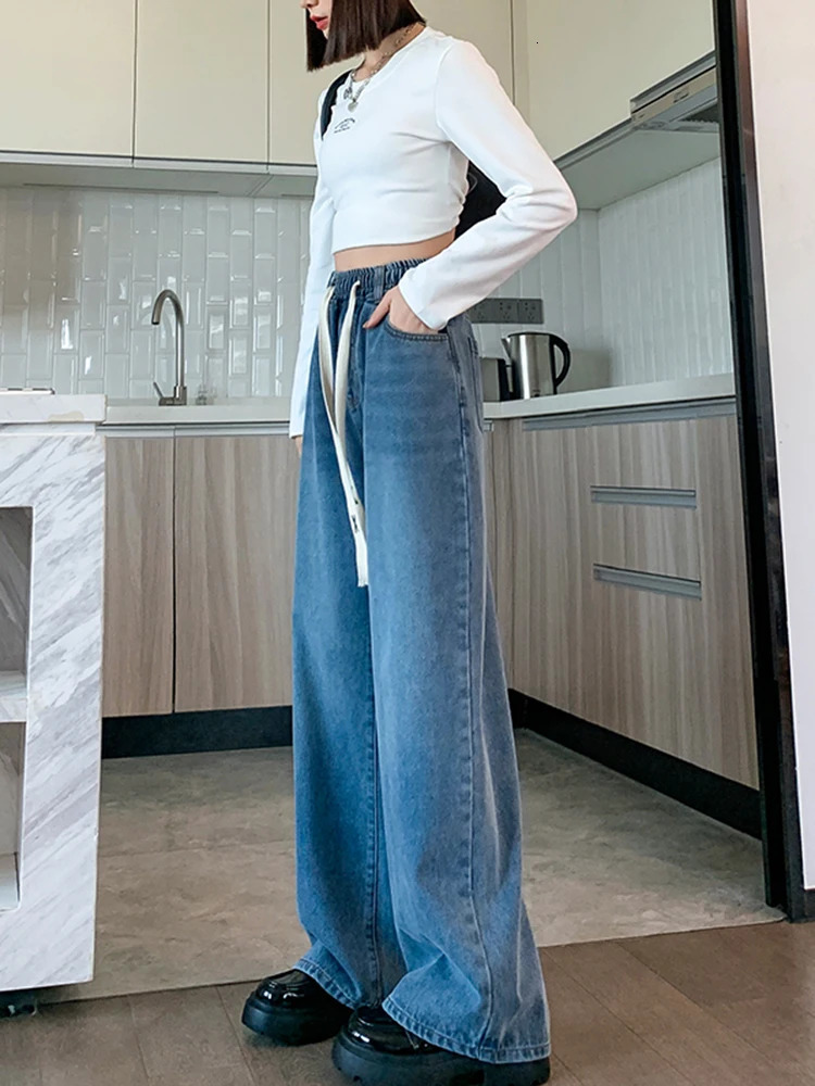 L6XL Plus Size Womens Jeans Spring High Waist Straight Loose Blue Trouser Wide Leg Pull Bar Large 250403