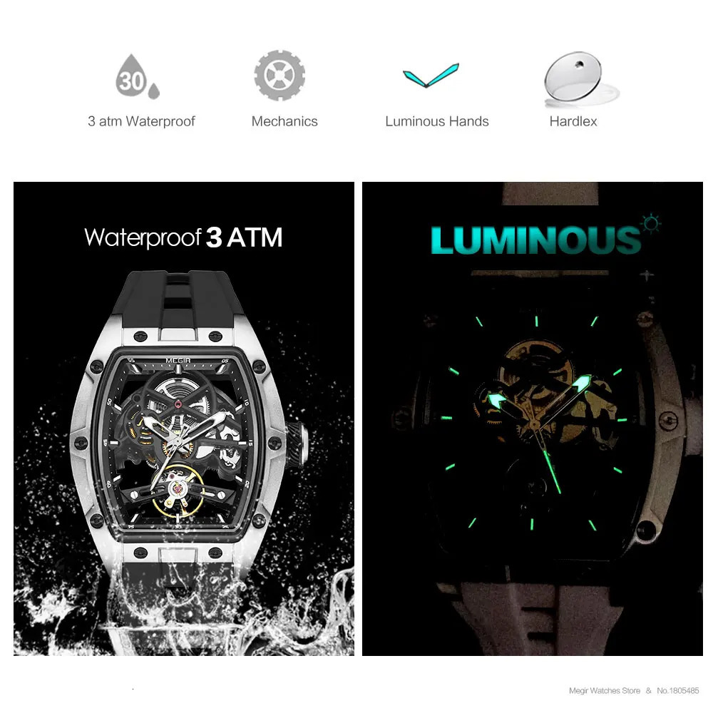 MEGIR 2242 Blue Automatic Watch for Men Sport Waterproof Stainless Steel Mechanical Wristwatch with Silicone Strap Skeleton Dial 251105