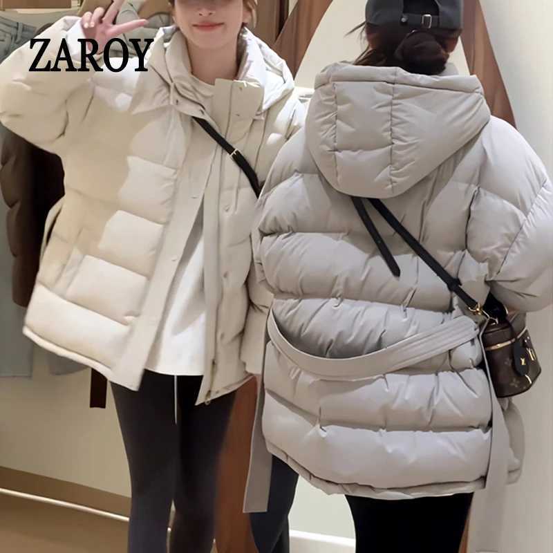 ZAROY Women Winter Hooded Cotton Padded Jackets With Belt Solid Fashion Female Thicken Windproof Puffer Coat Loose Snow OvercoatT251105