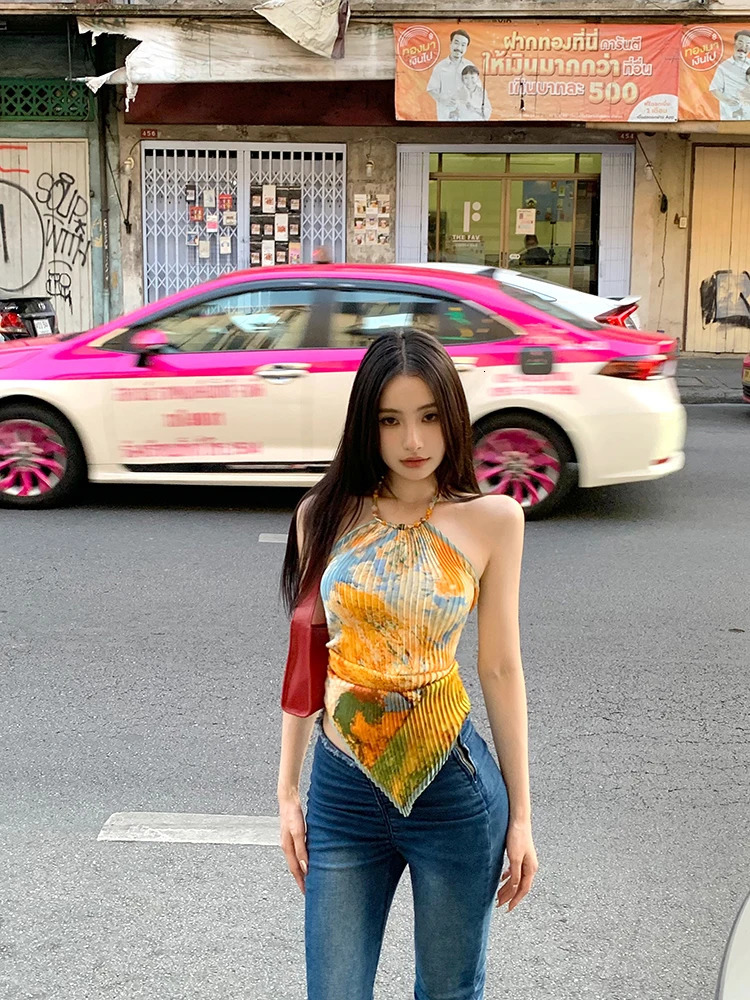 Tonngills retro tie dye vest top womens sleeveless lace top Y2k retro camis top backless summer Korean vest top 2000s 250402