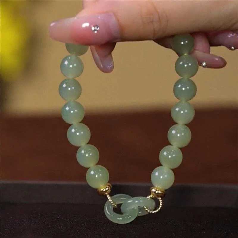 Fashion Double Ring Interlocking Hetian Jade Beaded Female Ins Style Love Safety Buckle Bangle For Bestie Birthday Gift C251105