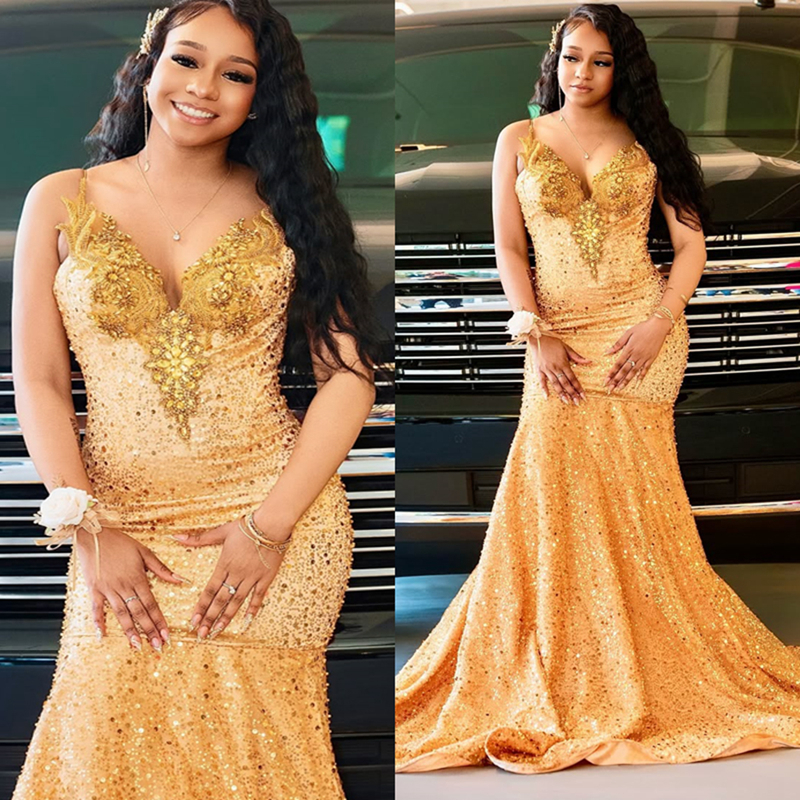2025 Plus Size Gold Prom Dress Mermaid Prom Dresses Evening Formal Gowns Spaghetti Straps Appliqued Pearls Beaded Lace Birthday Second Reception Gowns