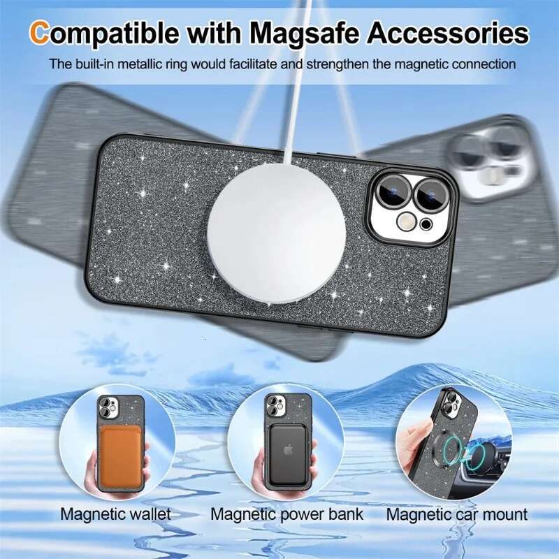 Electroplate With Lens Protector Case iPhone 15 14 13 12 11 16 Pro Max Plus For Magsafe Wireless Charge Bumper Glitter Cover
