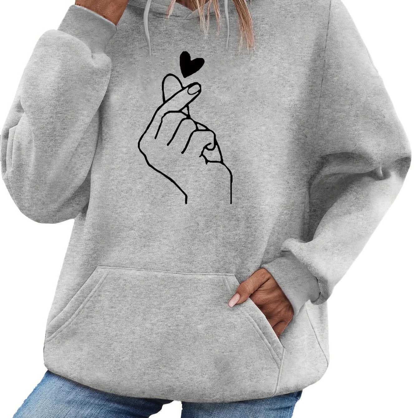 Womens autumn and winter warm and loose casual heart-shaped printed velvet long sleeved hooded sweatshirtT251105