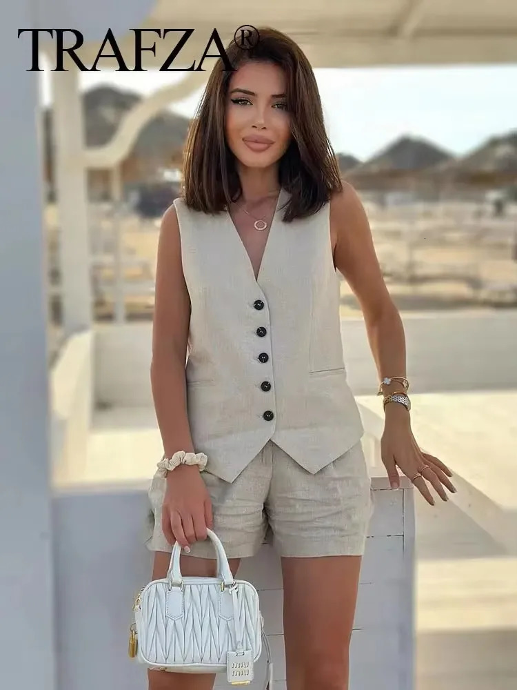 TRAFZA Summer Womens Casual Retro Solid Pants Set Button Waist Coat Tank Top Shorts Set Cotton Linen Womens Clothing 250401