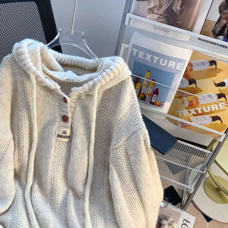 Lazy Style Gray Hooded Sweatshirt Women New Hot Autumn Winter Knitted Long Sleeve Top B5