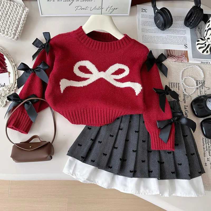 Autumn Children Girls Two-piece Clothes Set Kid Girl Bow Red Knit Sweater Suits Loose Print Spliced Pleated Skirt Outfit Clothes Y251105
