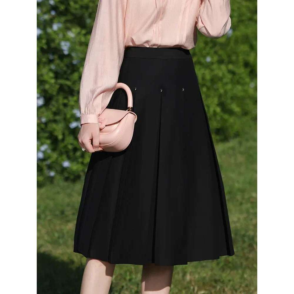 Black High-Waisted Pleated Skirts For Women Spring New Midi A-E Solid Skirt Foreign Temperament