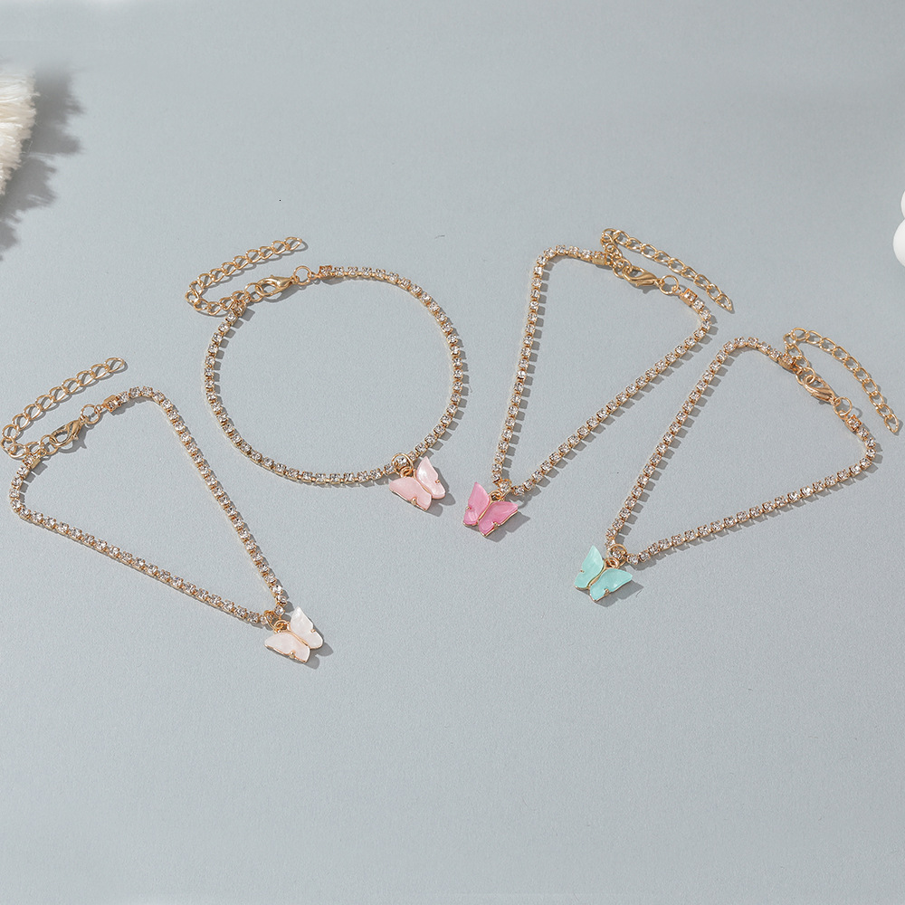 New Creative Shiny Rhinestone Anklet Ins Style Simple Butterfly Pendant Women Trendy Beach Foot Jewelry