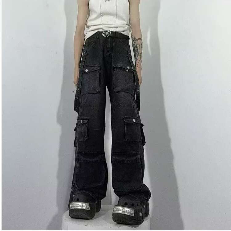 American High Street Multi-Pocket Design Sense Cargo Jeans for Men, Wide-Leg Loose Niche Washed Vintage Straight Pants