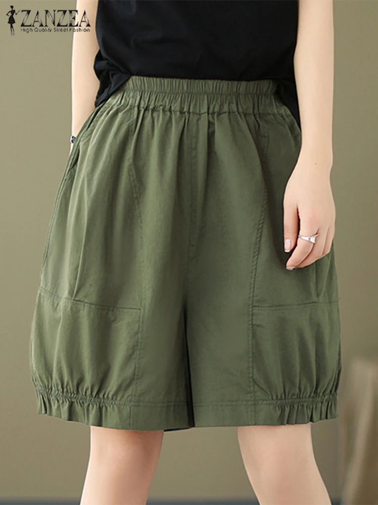 2025 ZANZEA Summer Elastic Waist Fashion Shorts for Women High Casual Solid Pocket Loose Pants Oversized 250401