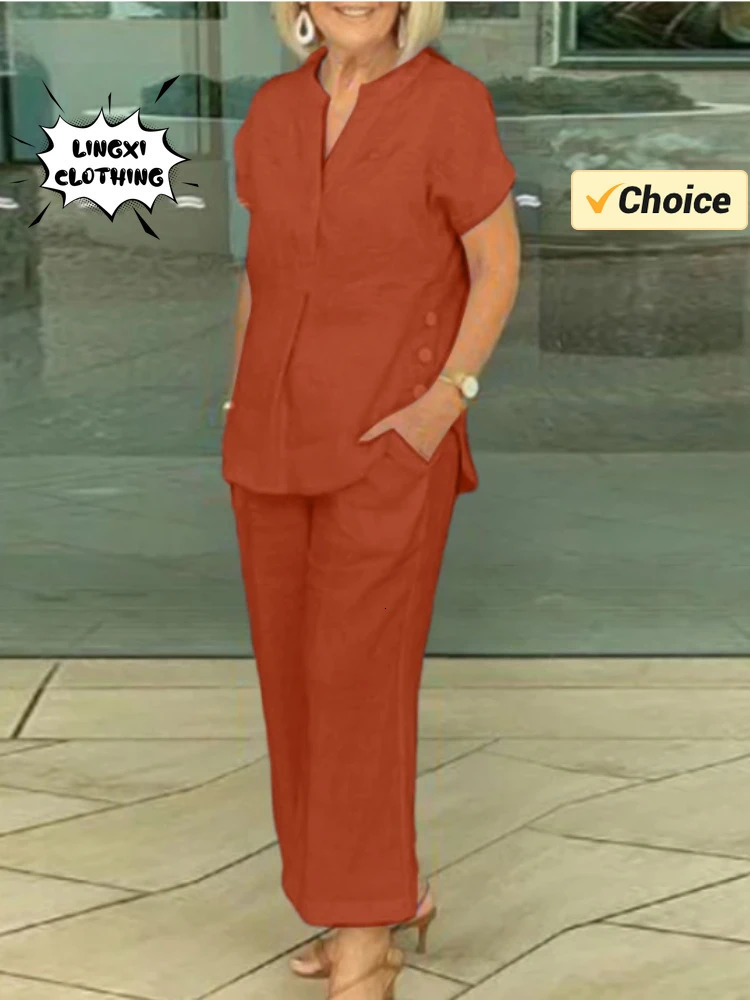 Summer fashion womens matching series V-neck short sleeved top elastic waist wide leg pants cotton linen two-piece set 250401