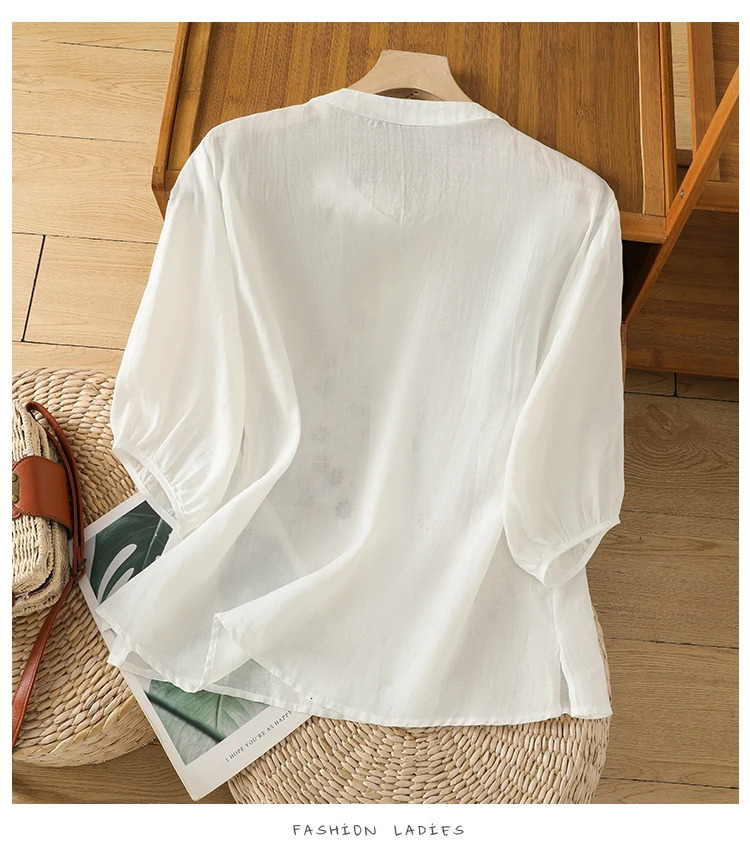 Embroidery Chinese Style Women Blouses Summer Cotto Linen Tops Loose Short Sleeve Clothing Sales V-neck Korean Womens Shirts 250402